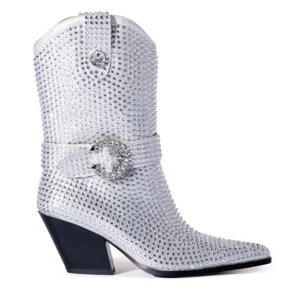 AZALEA WANG Federica Silver Crystal Shortie Western Cowgirl Boots 6-10 NWT - Picture 1 of 10